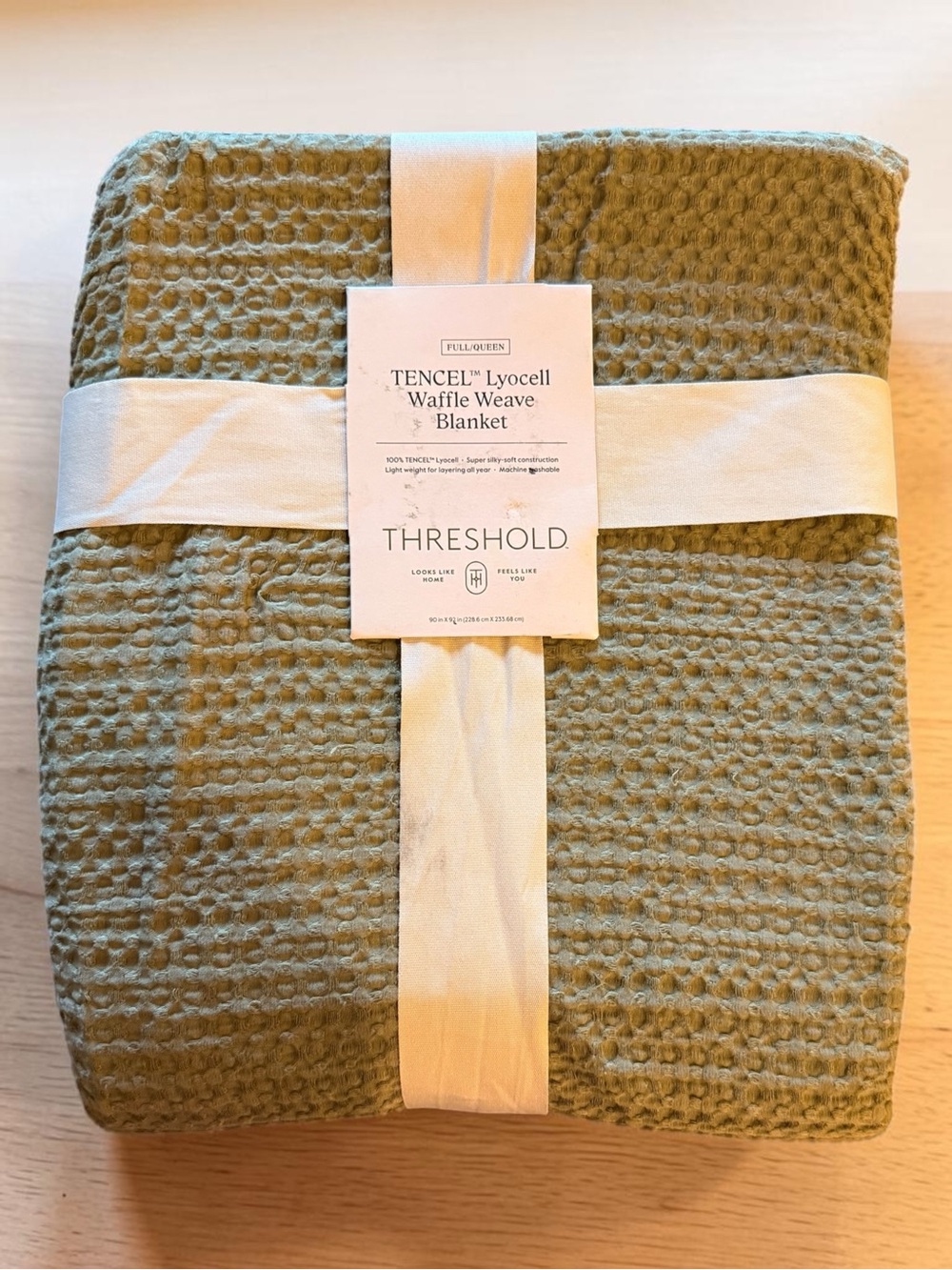 Threshold Olive Green and Cream Waffle Weave Blanket